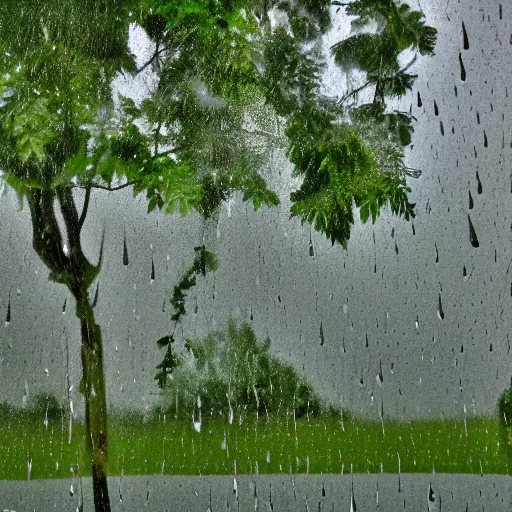 Prompt: beautiful thunderstorm pastoral colors heavy rain water droplets on lens