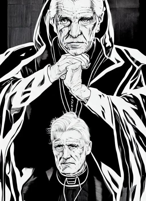 Image similar to an old chaplain with white hair, old priest wearing black clothes, backcombed white hair. art by martin ansin, martin ansin artwork. portrait.