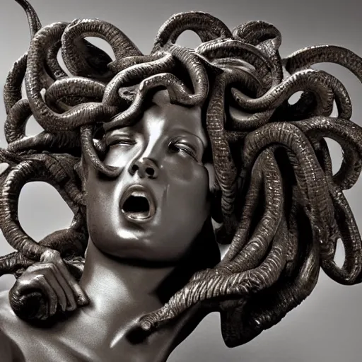 Image similar to a dramatic scene of a medusa statue sculpted in carved ebony by Bernini