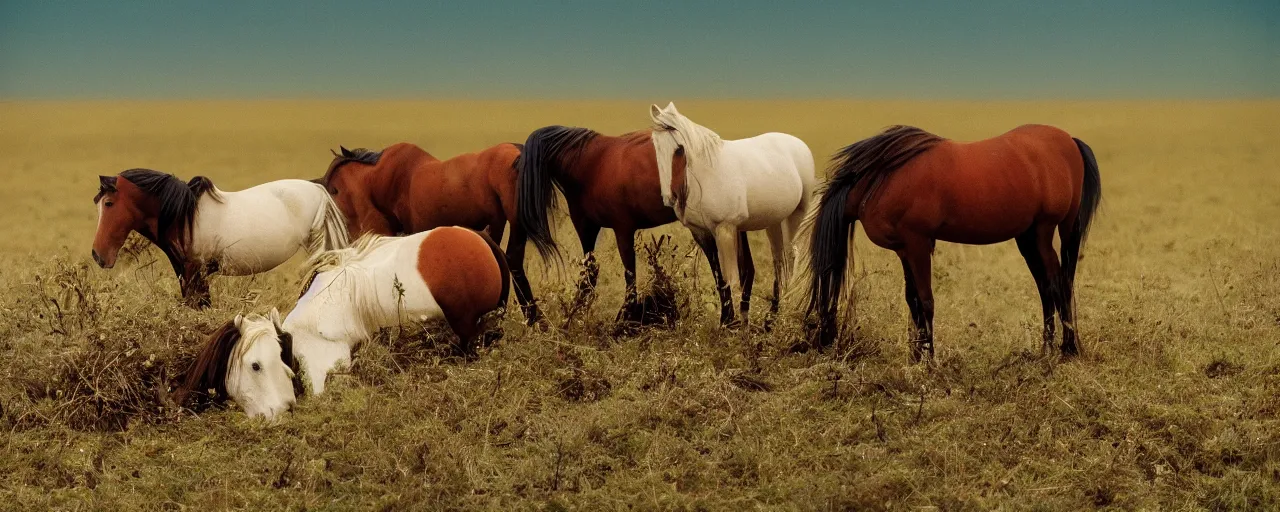 Image similar to wild horses sleeping on top of spaghetti, in a field, in the style of national geographic, canon 5 0 mm, film, kodachrome, retro, muted