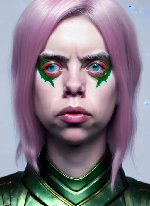 Image similar to Billie Eilish as Female Loki, beautiful facial symmetry, rose pink skin, very detailed, digital art, trending on artstation, smooth render, 8k octane render, digital illustration, by Katsuhiro Otomo and Shigeru Miyamoto and Ian Sprigger