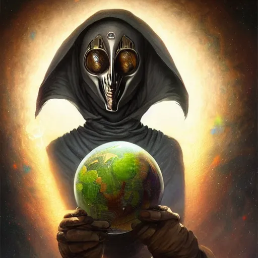 Image similar to masked nomad male wearing a cloak on an alien world and holding a holographic planet projection in his hand, detailed, sci - fi, digital painting, artstation, sharp focus, illustration, ominous, artgerm, tomasz alen kopera, peter mohrbacher, donato giancola, joseph christian leyendecker, wlop, frank frazetta