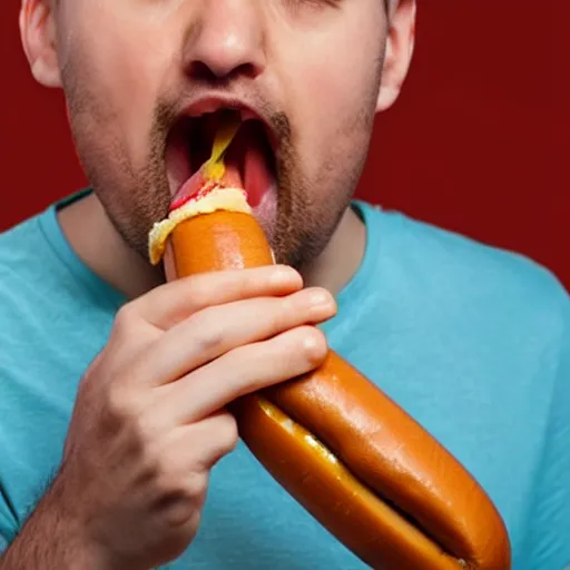 Image similar to a man eating a hot dog, highly detailed