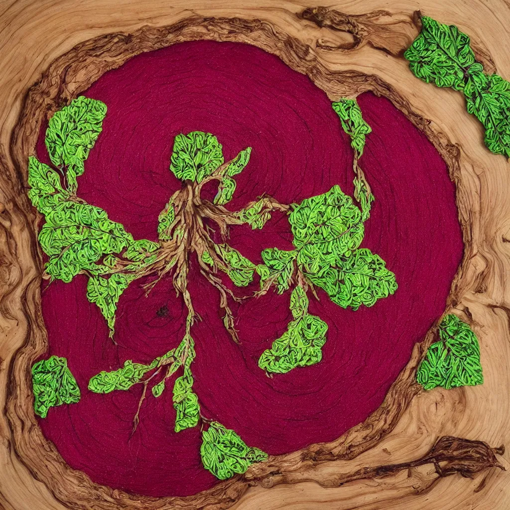 Image similar to embroidered giant cut beetroot, creating large spiral with embroidered leaves and fractal roots, over vivid wood table, food photography.. super detailed. masterpiece