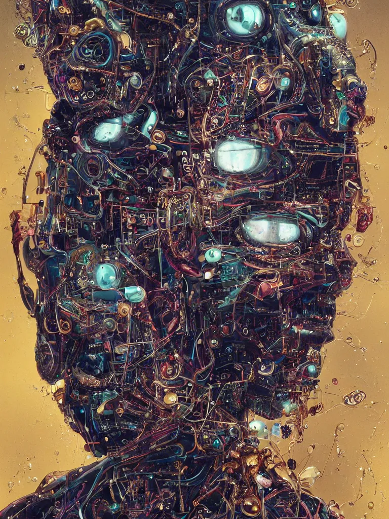 Image similar to portrait of computer & circuits, melting, gems and gold, 8 k, by tristan eaton, stanley artgermm, tom bagshaw, greg rutkowski, carne griffiths, ayami kojima, beksinski, giger, trending on deviantart, face enhance, hyper detailed, minimalist, cybernetic, android, blade runner, full of colour, super detailed