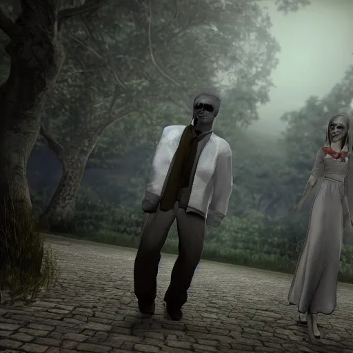 Image similar to a man and a woman standing next to each other, a screenshot by The Mazeking, deviantart, international gothic, xbox 360 graphics, dynamic pose, playstation 5 screenshot,