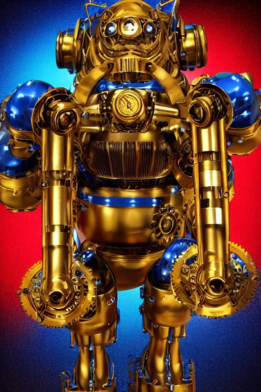 Image similar to portrait photo of a giant muscular golden and blue metal steampunk robot bodybuilder bouncer security with gears and tubes, eyes are police lights, shiny crisp finish, 3 d render, 8 k, insaneley detailed, fluorescent colors, background is multicolored lasershow