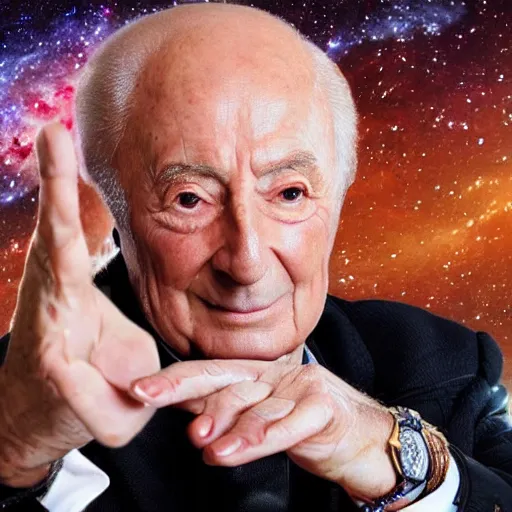 Prompt: a very detailed portrait of piero angela, holding a galaxy on his hand