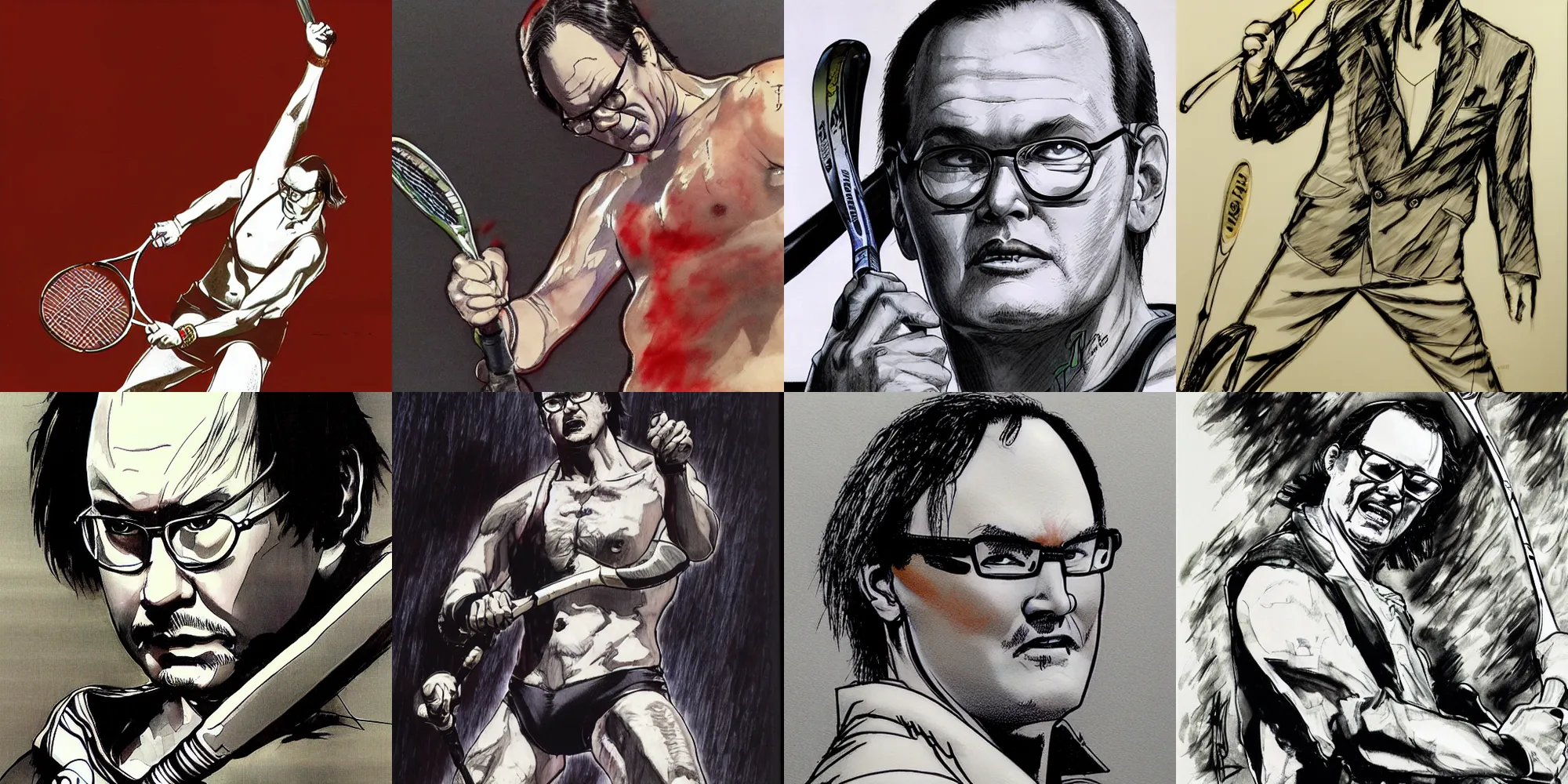 Prompt: jim cornette, drawn, by yoji shinkawa, 8 k, high detail, full body, holding tennis racket, intense