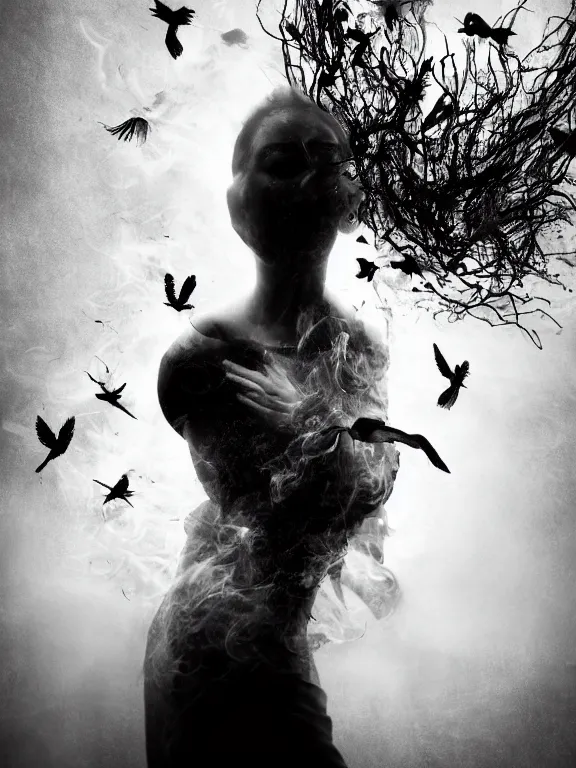 Image similar to portrait of iconic beautiful woman in sophisticated black dress keeping in hands white birds that flying apart turning to smoke and fire and dust. chaotic maximalistic surreal composition, 35mm double-exposure photo, thick fog, daylight, deep shadows, depth of field, cinematic lightning, wide angel, eerie atmosphere, motion blur, HD, smooth and very detailed quality, masterpiece, volumetric lightning, chromatic aberration, Richard Avedon, style of Ade Santora, Tatiana Gorilovsky, cinematic composition, occult, german expressionism, masterpiece, intricate detailed, deep rich palette, wide angel shot