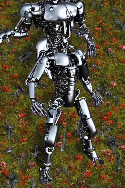 Prompt: destroyed combat terminator lying in a field of flowers, twisted metal, chrome, reflections, earth, terrible, anthropomorphic, photorealism, weapons, smoke, metal, armor, 8 k, surreal, wires, wild flowers, greenery, chips, top view, extremely detailed, ultra - realism, cinematic light, epic, art by jeff koons