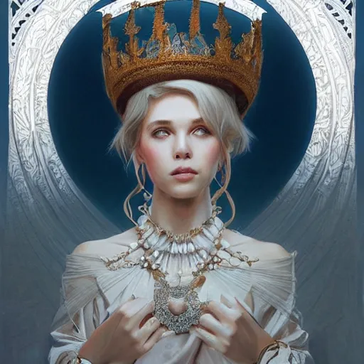 Image similar to a realistic symmetrical queen with a decorated dress made of white pearls , highly detailed, digital painting, Trending on artstation , HD quality, by artgerm and greg rutkowski and alphonse mucha, dramatic light, octane