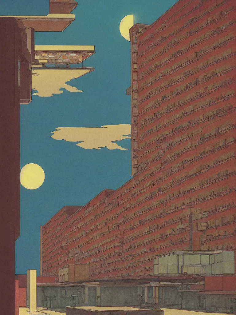 Image similar to a psychedelic hallucination of a brutalist hotel in the atmosphere clouds of venus, by kawase hasui, moebius, edward hopper, colorful flat surreal design, dramatic lighting, hd, 8 k, artstation