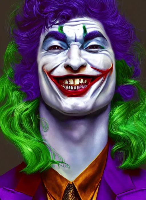 Image similar to portrait of Ezra Miller as the Joker, opulent, laughing pose, sigma male, gigachad, lavish green hair, royal crown, purple luxurious futuristic suit, sitting at a sumptuous golden couch, fantasy, elegant, realistic, highly detailed, digital painting, artstation, concept art, smooth, sharp focus, illustration, art by artgerm and greg rutkowski and alphonse mucha