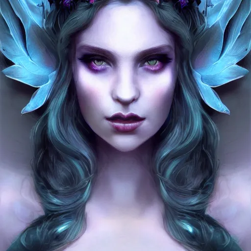 Image similar to detailed portrait of a dark fairy queen, crown, wings, teeth, realism, pale blue, emerald, sapphire,dark purple crown,leaves, moonlit, dark fantasy, dramatic lighting, cgsociety, artstation