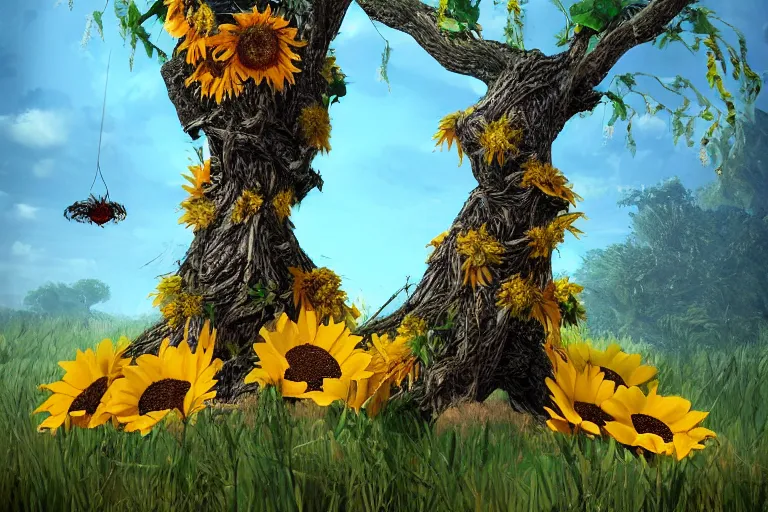 Image similar to a cut tree trunk with sunflowers around it, giant spider in the background, concept art, artstation