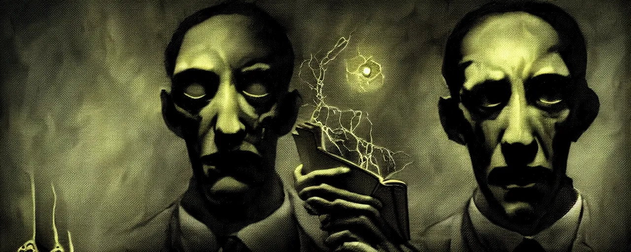 Prompt: duotone dark scifi illustration 3 / 4 portrait of hp lovecraft reading necronomicon. cinematic lighting mad scientist style. golden ratio accidental renaissance. in the style of jean michel basquiat, beksisnski, and pablo picasso. graffiti art, scifi, fantasy, hyper detailed. octane render. concept art. trending on artstation