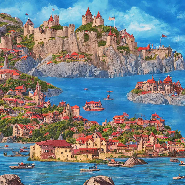 Image similar to a beautiful painting of a medieval castle and bustling town floating on top of a giant rock next to a beach and a clear blue sea mountain range by petros afshar