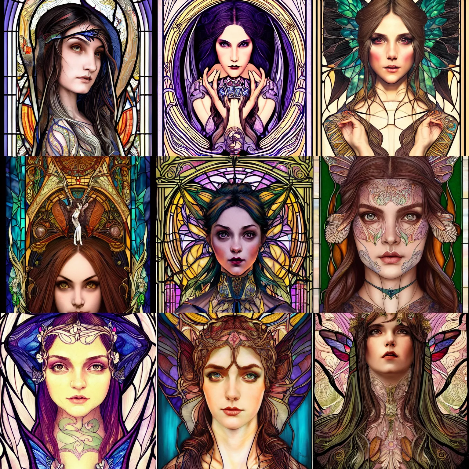 Prompt: head-on symmetrical centered painted portrait, female fairy, art nouveau, tarot card style, stained glass wings, fantasy, intricate, elegant, highly detailed, smooth, sharp focus, illustration, artstation, in the style of Artgerm and Anna Podedworna and Alex Ross and Mucha