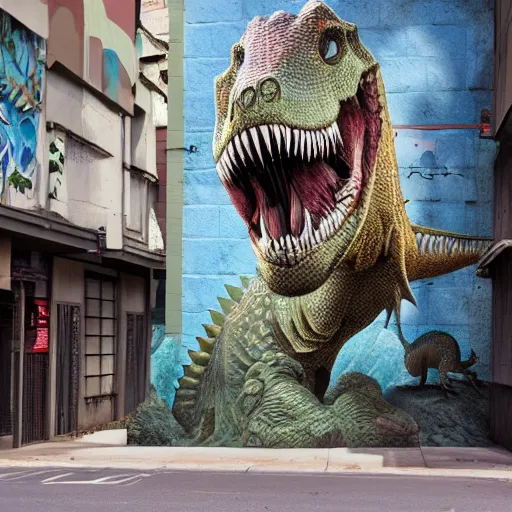 Prompt: The transition into the real world of a dinosaur that is emerging out of an street art wall onto a busy street, drawn dinosaur on the wall, hyperdetailed, unreal engine, octane render