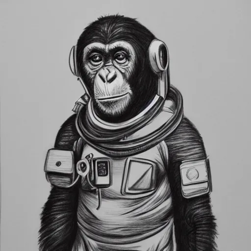 Image similar to pencil art, realistic self portrait, astronaut with a chimpanzee.