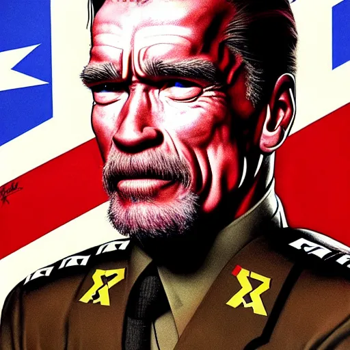 Prompt: uhd photorealistic portrait of arnold schwarzenegger in nazi uniform, by amano, ayami kojima, greg rutkowski, lisa frank, mark brooks, and karol bak, masterpiece, cinematic composition, dramatic pose, studio lighting, correct face, hyperdetailed, intricate details