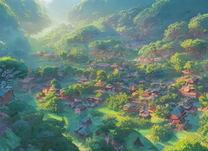 Image similar to concept art painting of a small woodland village in a valley seen from above, european japanese buildings, early morning, cel shaded, detailed, realistic, by makoto shinkai and moebius and anton fadeev and james gurney