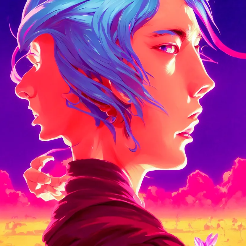 Image similar to side profile macro portrait, medium shot, supermodel anime girl with synthwave flower, gloomhaven, colorful swirly retrowave style fantasy poster, by greg manchess, lois van baarle, sachin teng, greg rutkowski, jesper ejsing, ilya kuvshinov, extremely detailed 4 k,