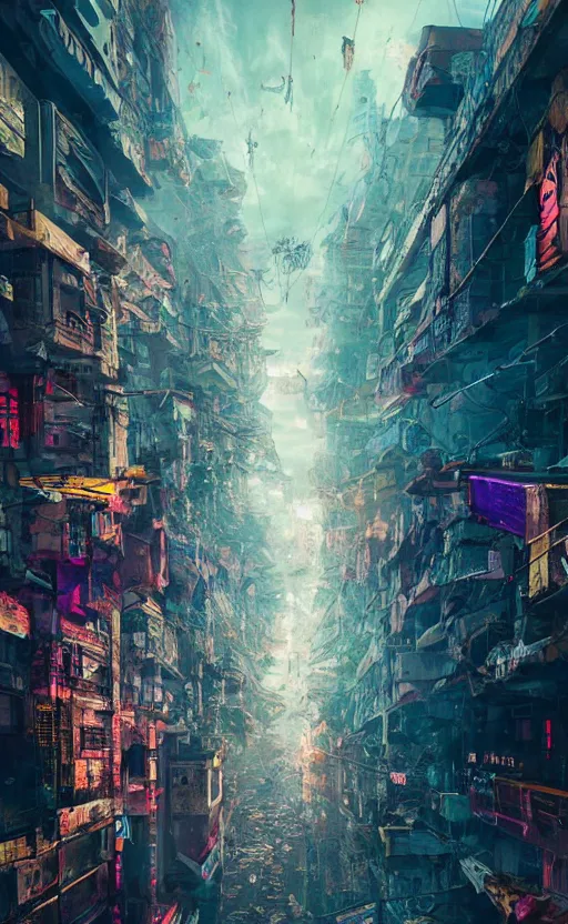 Prompt: award winning Photography of a decaying city in the sky, cyberpunk, midsommar, full of color,