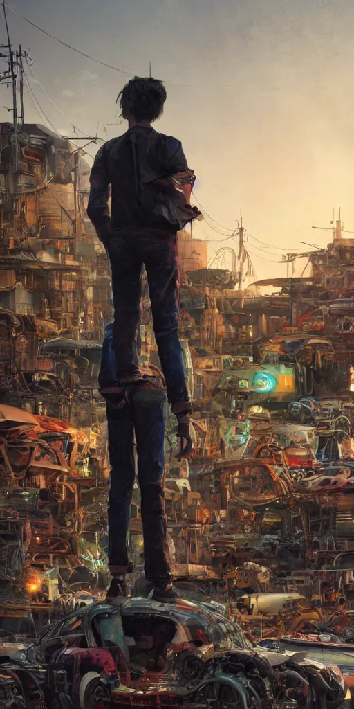 Image similar to concept art of a humanoid standing in a junkyard, back - view, technology screens glowing, hyper maximalist, matte painting, ultra detail, concept art, hyper realistic, cgsociety, hyper maximalist, artstation, cgsociety, style by jon foster and feng zhu and tyler edlin, octane render, anime style