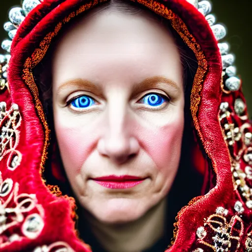 Prompt: portrait photograph of a very beautiful Scandinavian queen with ornate cloak, bokeh, graflex camera, macro 15mm