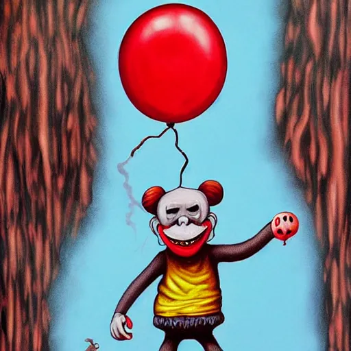 Image similar to grunge cartoon painting of an ape with a wide smile and a red balloon by chris leib, loony toons style, pennywise style, horror theme, detailed, elegant, intricate