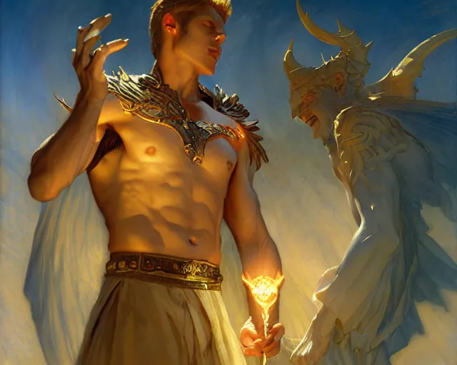 Image similar to attractive male deity, casting demonic magic, summoning handsome lucifer morning star. highly detailed painting by gaston bussiere, craig mullins, j. c. leyendecker 8 k