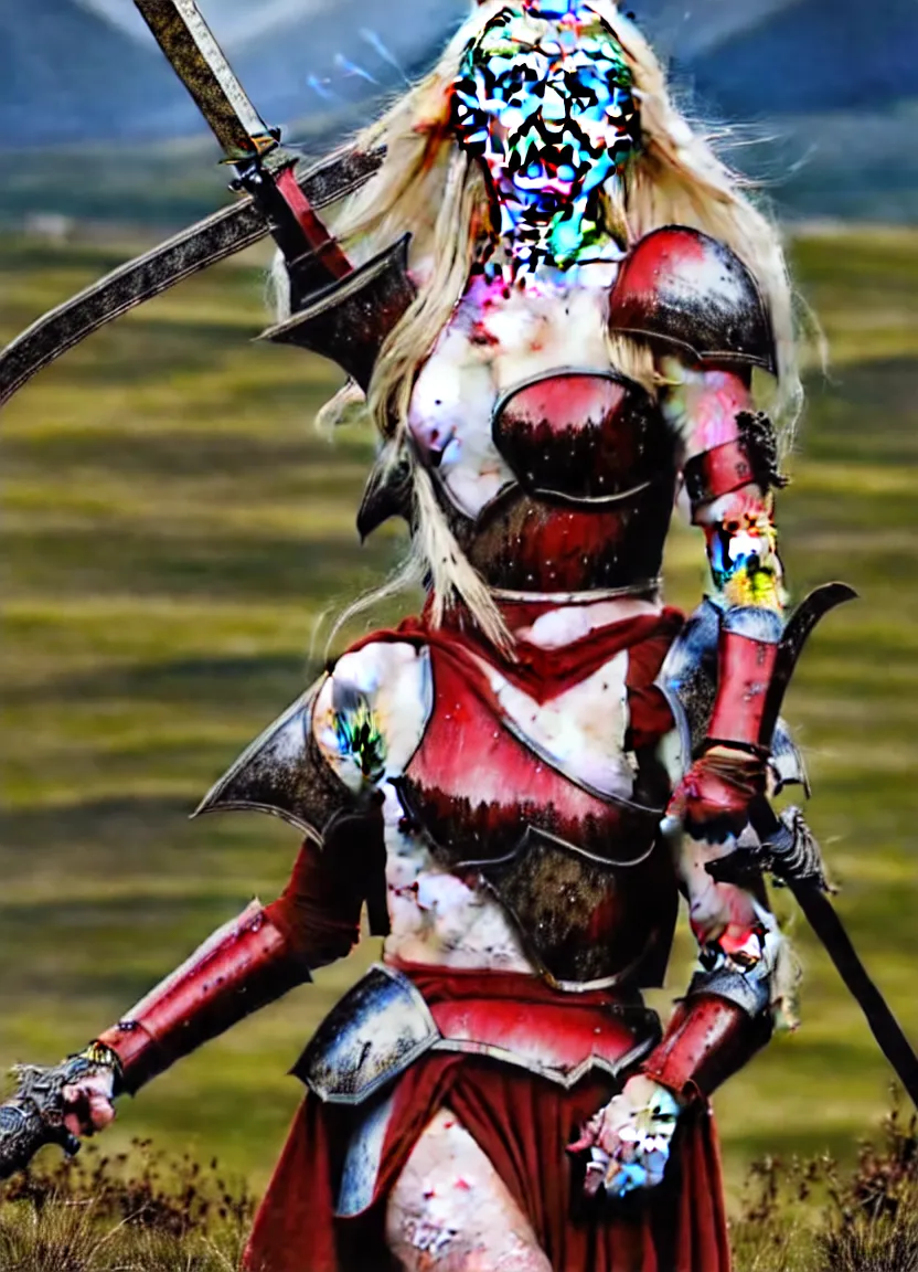 Image similar to dove cameron in a knight armor, full plate, fantasy art, photography, red lipstick, blood stains, hair in the wind, shiny armor, victorious on a hill, battle field, full body, sword pointed at sky