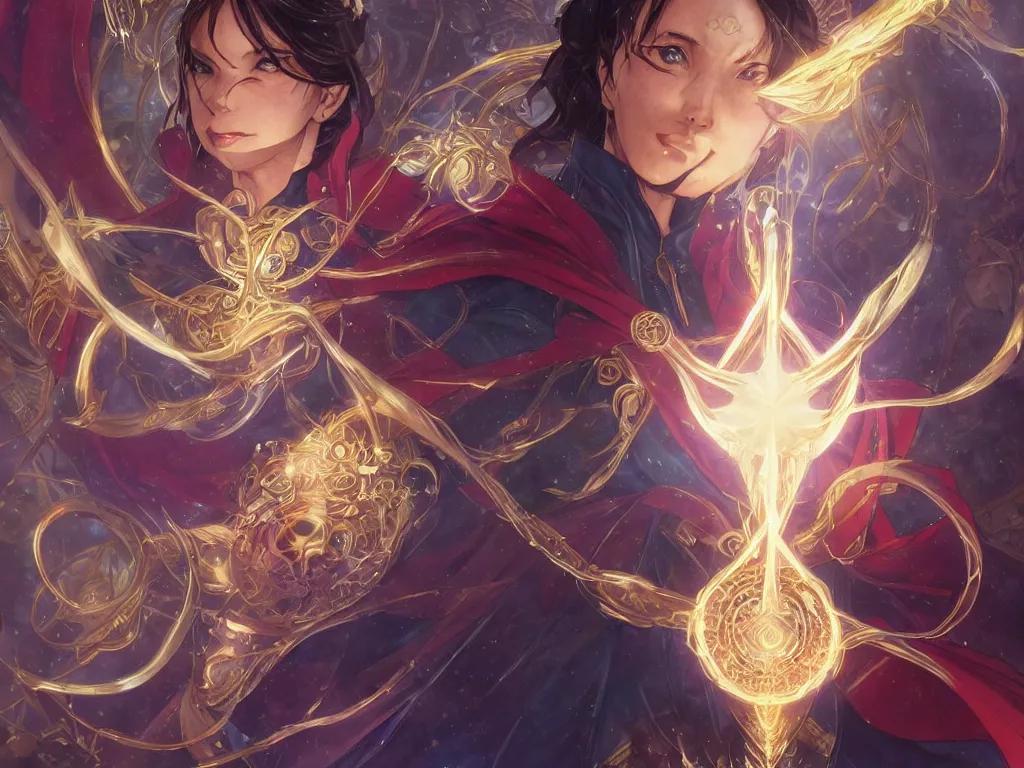 Image similar to anime key visual of one beautiful female doctor strange, marvel comics, spells, magic, intricate, inside magical temple stunning, highly detailed, digital painting, artstation, smooth, hard focus, illustration, art by artgerm and greg rutkowski and alphonse mucha