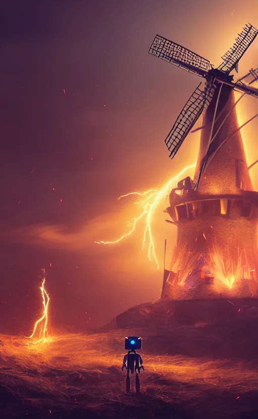 Prompt: a windmill, robot, fire, ash, electricity lightning, furry, soft, concept art, sharp focus, intricate details, highly detailed, photorealistic, disney pixar, octane render, iridescent, anime, 8 k