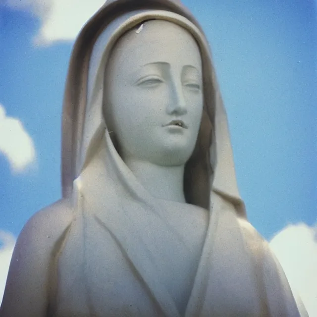 Image similar to closeup of crying white mother mary statue pictured slightly from below, clear sky with blue clouds in background, vintage polaroid