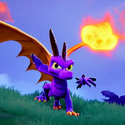 Image similar to Spyro The Dragon breathing fire at his enemy, unreal engine, video game hud,