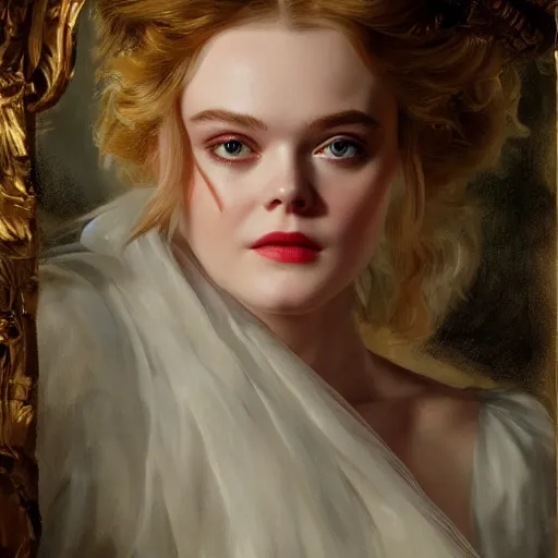 Prompt: Elle Fanning at night, stormy weather, extremely detailed masterpiece, oil on canvas, artstation, Skyfall, Roger Deakin’s cinematography, by J. C. Leyendecker and Peter Paul Rubens,