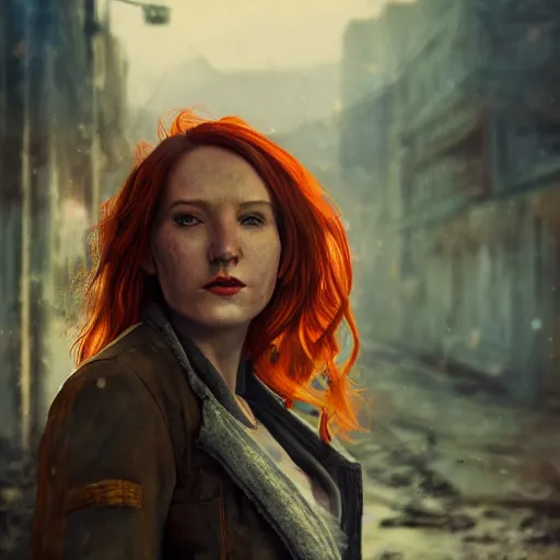 Prompt: fallout 5, charismatic beautiful rugged orange - haired female protagonist, portrait, outdoors ruined cityscape, atmospheric lighting, painted, intricate, volumetric lighting, beautiful, daytime, slight overcast weather, sharp focus, deep colours, ultra detailed, by leesha hannigan, ross tran, thierry doizon, kai carpenter, ignacio fernandez rios