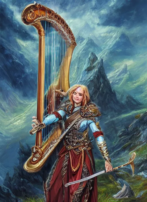 Image similar to bard playing the harp, ultra detailed fantasy, dndbeyond, bright, colourful, realistic, dnd character portrait, full body, pathfinder, pinterest, art by ralph horsley, dnd, rpg, lotr game design fanart by concept art, behance hd, artstation, deviantart, hdr render in unreal engine 5