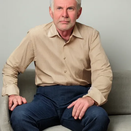 Image similar to full body artistic dlsr photo of steve, mature male, wise face. he is a doctor. he is sitting gracefully on a sofa, elegant tight beige shirt. he has enormous belly