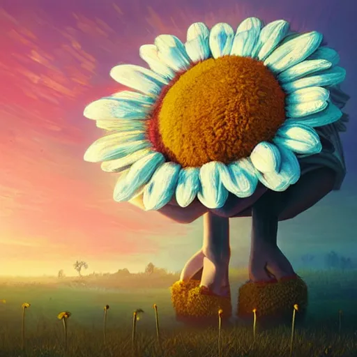 Image similar to giant daisy flower head, frontal, girl in a suit, surreal photography, sunrise, dramatic light, impressionist painting, digital painting, artstation, simon stalenhag