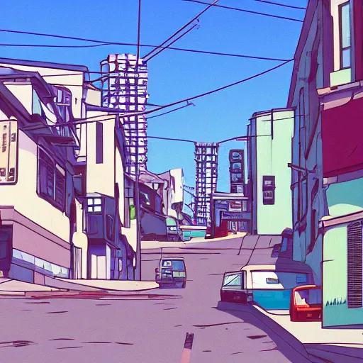 Image similar to city street, sloped street, city on tall hillside, street scene, colorful buildings, cel - shading, 2 0 0 1 anime, flcl, jet set radio future, golden hour, japanese town, concentrated buildings, japanese neighborhood, electrical wires, cel - shaded, strong shadows, vivid hues, y 2 k aesthetic