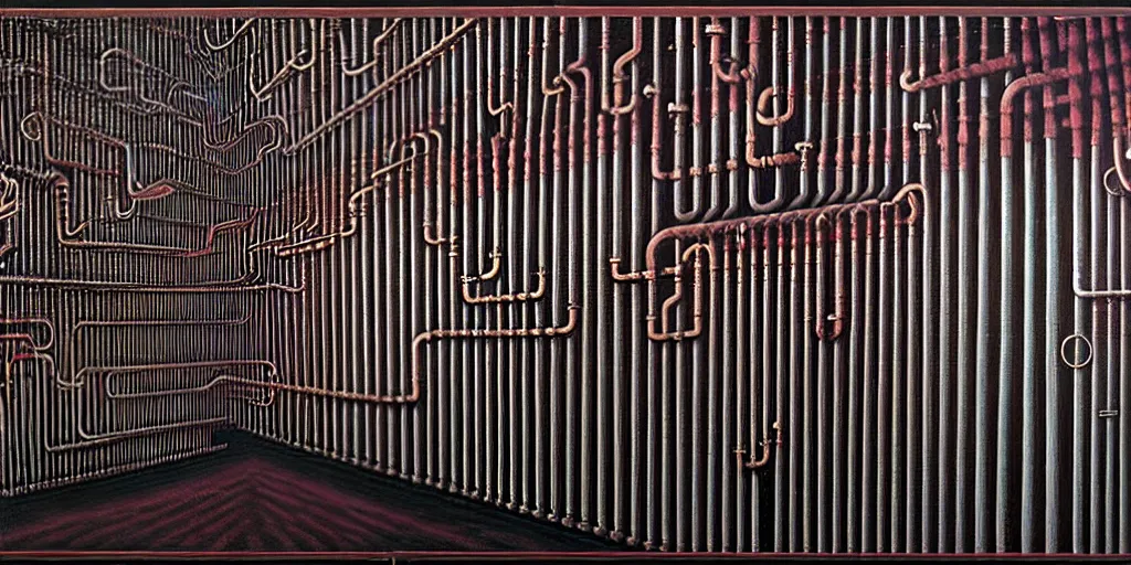 Prompt: a wall of pipes by thomas ligotti and wayne barlowe