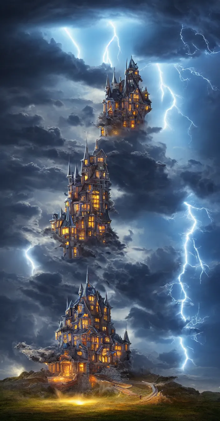 Prompt: realistic photo of lightening strike on futuristic castle, sharp focus, wide angle shot, in the style of greg rutswoski, very hyper realistic, highly detailed, fantasy art station