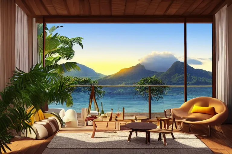 Prompt: big window, mountains in background, cloud forest in background, tropical beach in background, sunset, warm golden hour lighting, holiday vibes, living room, furniture, IKEA catalogue, futuristic, ultra realistic, ultra detailed, cinematic light, anamorphic, wooden floored balcony, by Paul Lehr