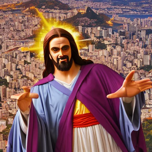 Image similar to buddy christ from dogma dressed as christ the redeemer pointing both fingers in at rio de janeiro, vied from above and behind, dynamic composition, dramatic lighting, trending on artstation, award winning art, stylized painting, ultrawide lens, aerial photography, rio de janeiro, 4 k, art by william bouguereau, alphonse mucha, greg rutkowski,