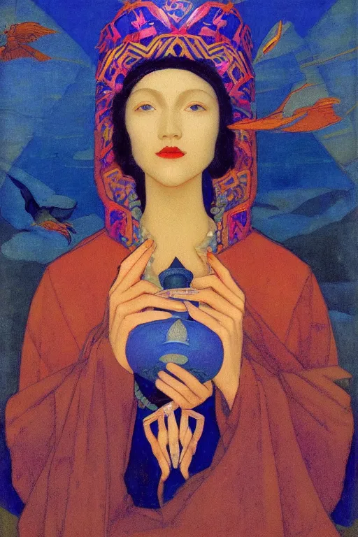 Image similar to queen of the dawn with her lantern and birds, by Nicholas Roerich and jean delville, elaborate headdress and embroidered velvet, iridescent beetles, rich color, dramatic cinematic lighting, extremely detailed