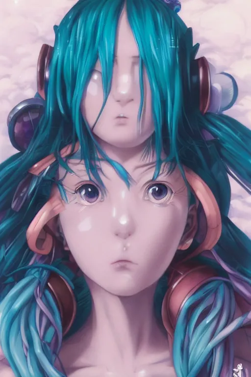 Image similar to portrait of an anime manga girl with teal and white dreads, straight on portrait, by artgerm, james jean, tom bagshaw, gerald brom, vaporwave colors, lofi colors, vaporwave, lofi, goth vibe, 4 k, smooth, hd, substance designer render, full body character concept art, symmetrical, perfect face, detailed face,